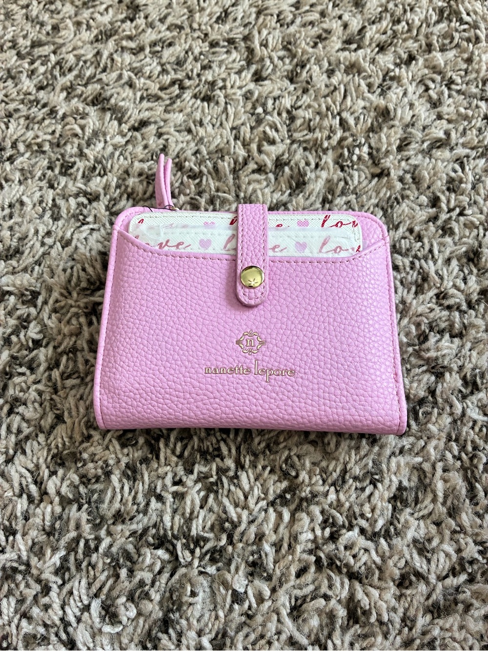Nanette Lepore Pink Pebbled Leather Snap Wallet with Love Print Accent